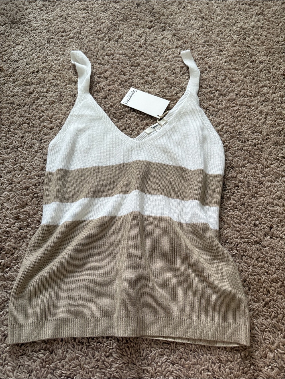 Splendid White & Tan Striped V-Neck Knit Tank